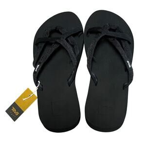 Teva Women's Olowahu Flip Flops - Black on Black Strappy Sandals Size 8